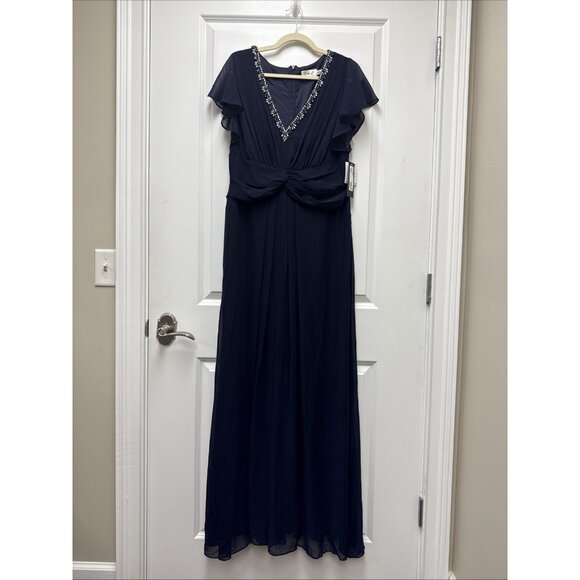 Eliza J Size 14 Navy Twist Waist Chiffon Flutter Sleeve Beaded V-Neck Dress - Picture 4 of 11